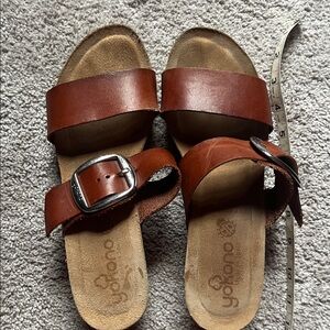 Brown Leather Slide Sandals with Buckle Detail